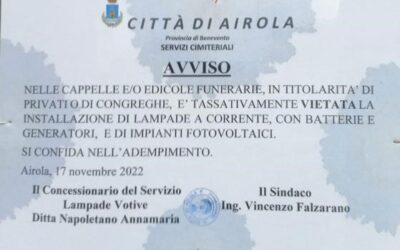 Vietato installare lampade ad energia alternativa e/o rinnovabile nelle cappelle e/o edicole votive nel cimitero del Comune di Airola (BN) L’intervento di U.Di.Con.